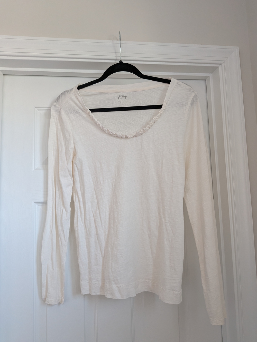 LOFT Cream Long Sleeve Scoop Neck Top with Ruffle Trim